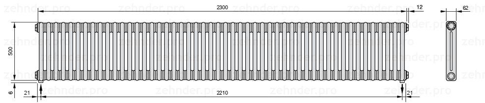 Схема (чертеж) Радиатор Zehnder Charleston 2050/50 №3570 Белый глянцевый RAL 9016